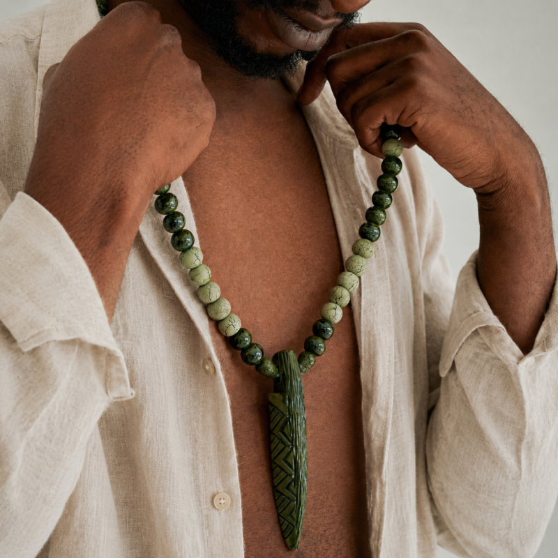 Green ceramic spear pendant necklace for men handmade artisan jewelry