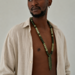 Men wearing green ceramic spear pendant necklace handmade jewelry