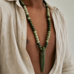 Men wearing green ceramic spear pendant necklace handmade jewelry