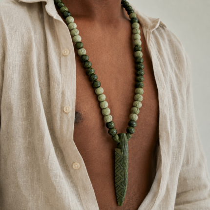 Men wearing green ceramic spear pendant necklace handmade jewelry