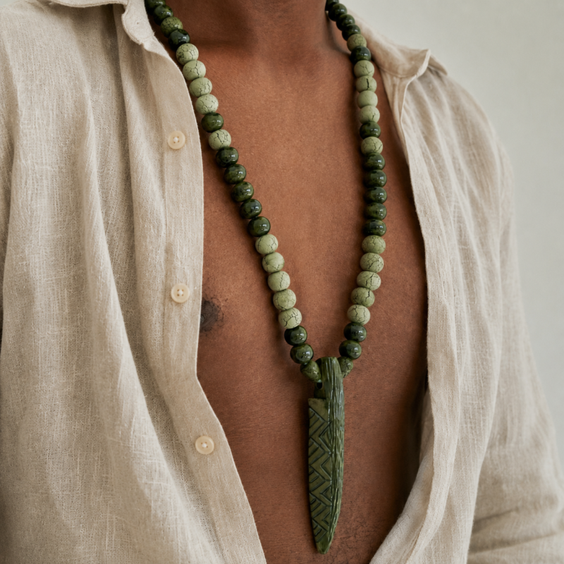 Men wearing green ceramic spear pendant necklace handmade jewelry